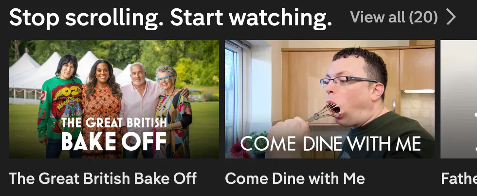 A carousel from Channel 4, showing thumbnails and titles for suggested programs. Two are shown fully but a third is partially cut off.