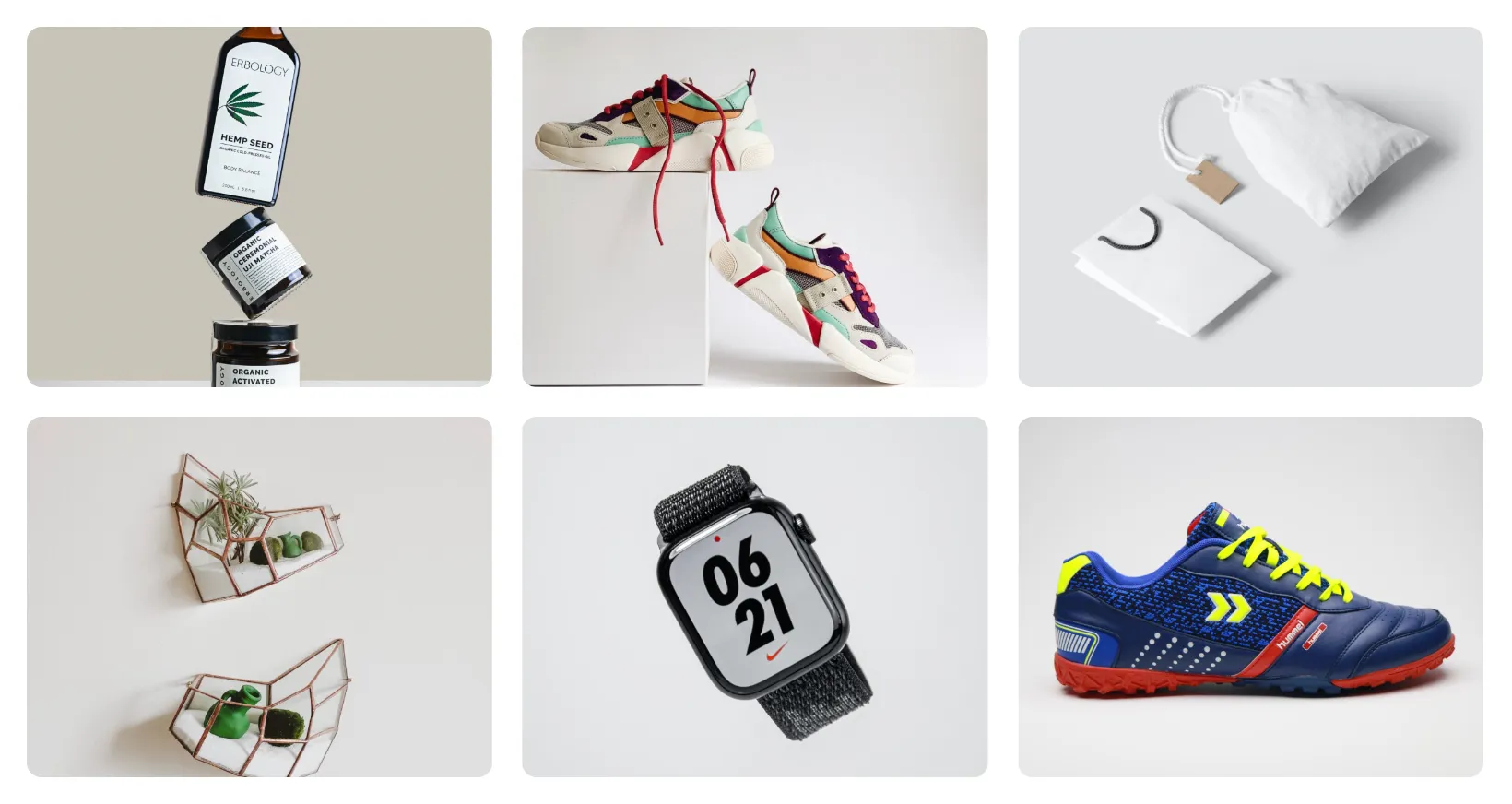 A grid of stock images in three columns and two rows on a white background