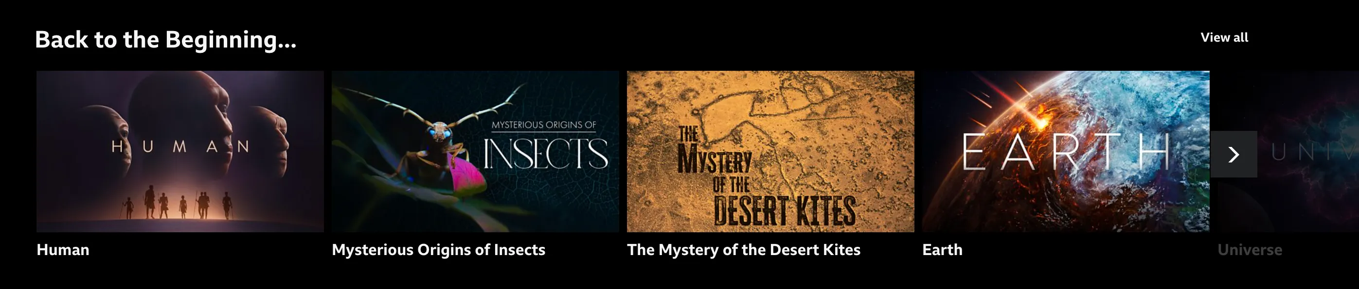 An example of a carousel from BBC iPlayer showing thumbnail images for four programs under the heading, “Back to the Beginning…”